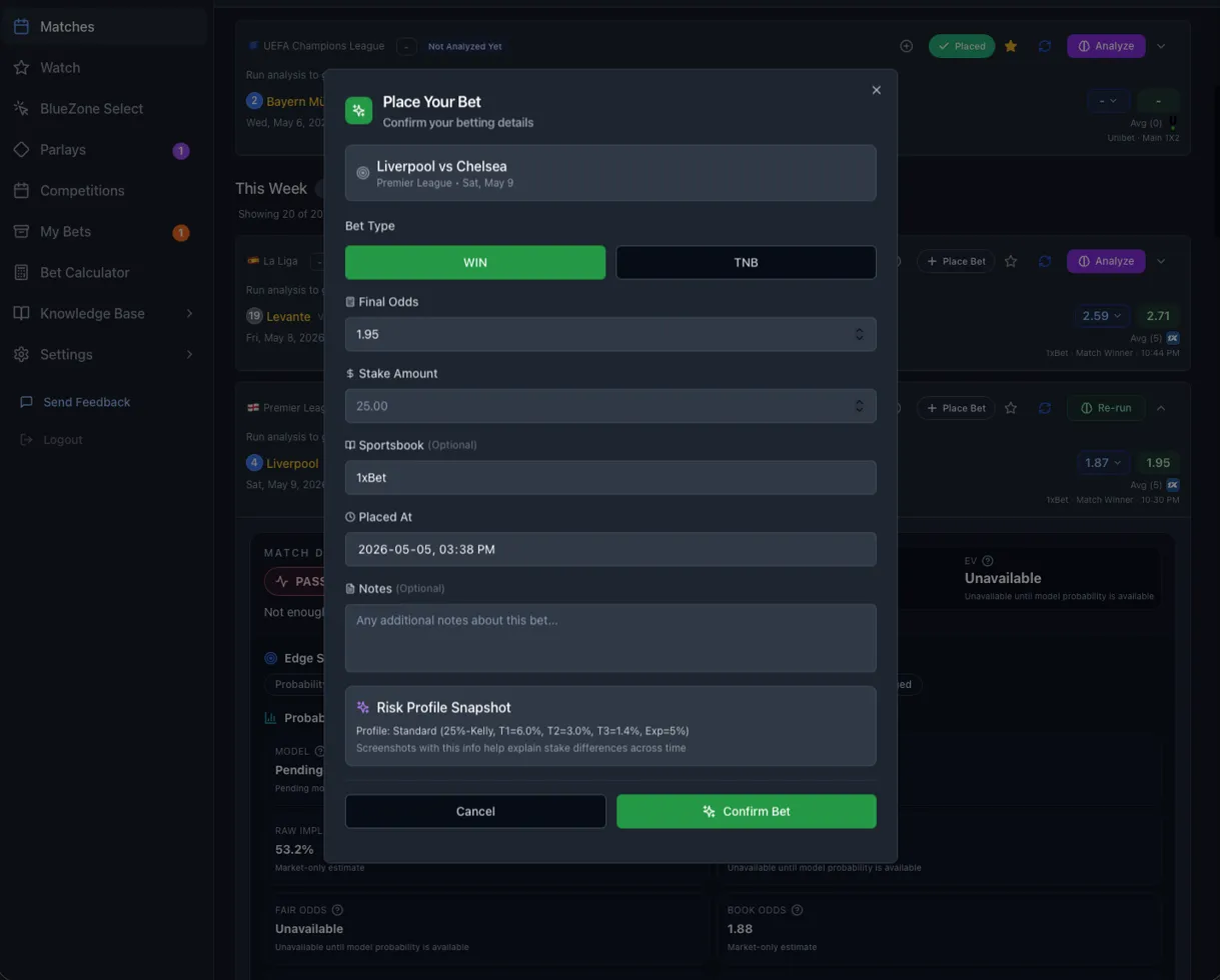 BlueZone Bets bet review modal preview showing user-reviewed odds, stake, sportsbook, notes, and risk profile fields.