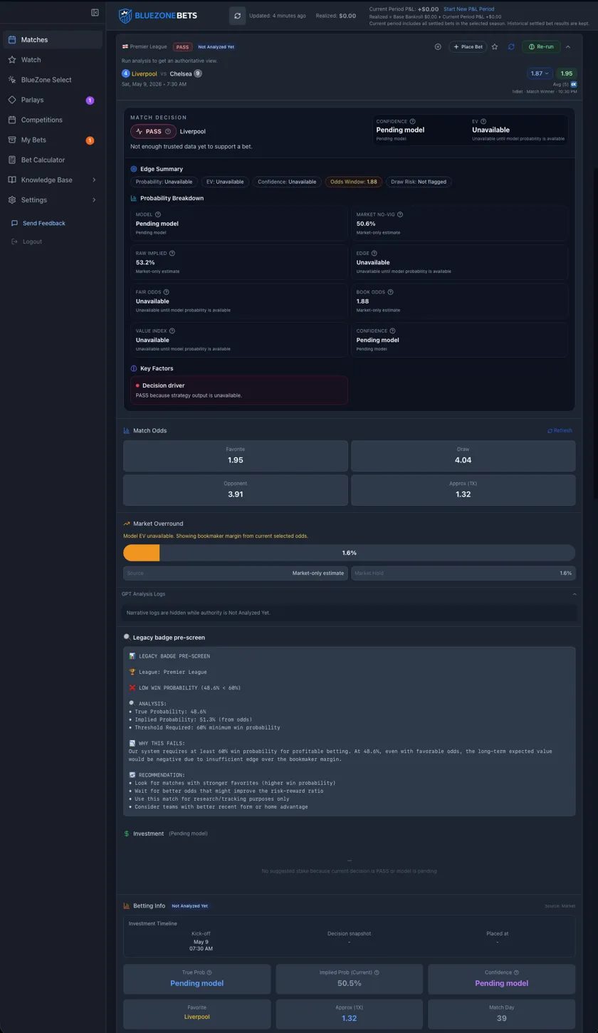 BlueZone Bets match decision preview showing probability breakdown, market no-vig, edge summary, and betting information.