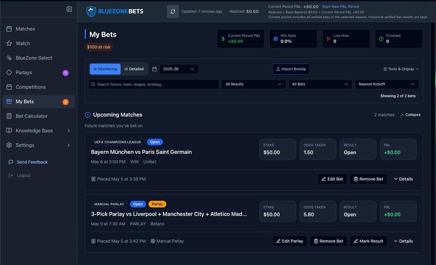 BlueZone Bets My Bets preview showing monitoring filters, upcoming matches, open bets, stake, result, and P&L tracking.
