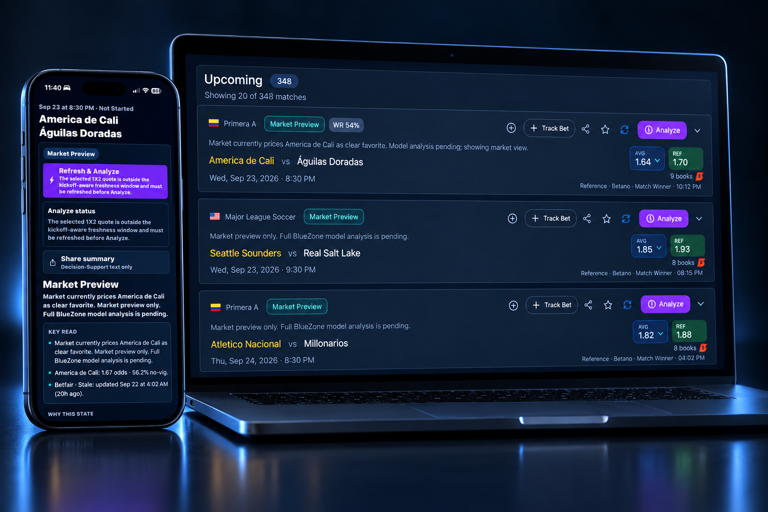 BlueZone web match previews and iPhone match detail, styled from real app captures